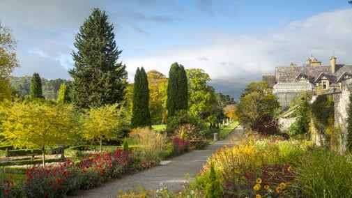A view of the terrace and herbaceous borders in Autumn at Bodnant Garden, Conwy